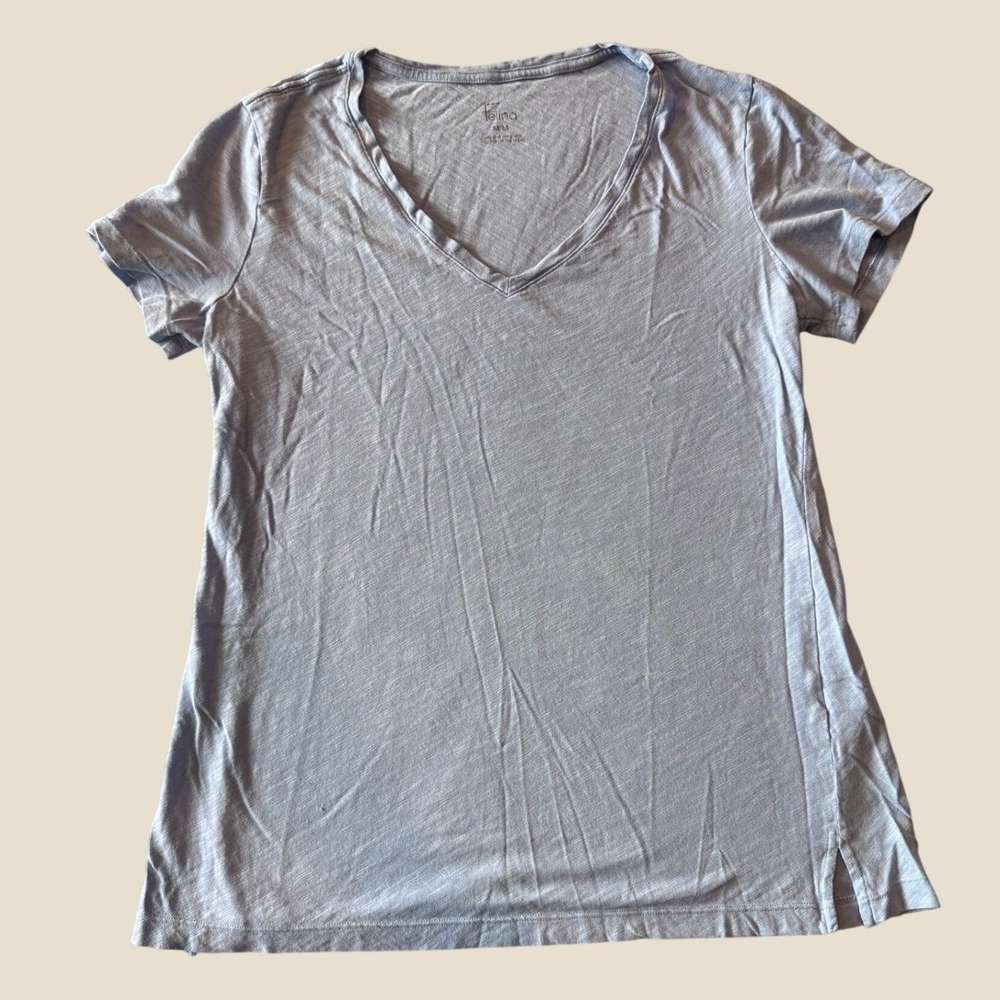 Felina V-Neck Short Sleeve T-Shirt M Blue Slub Knit Slit Hem